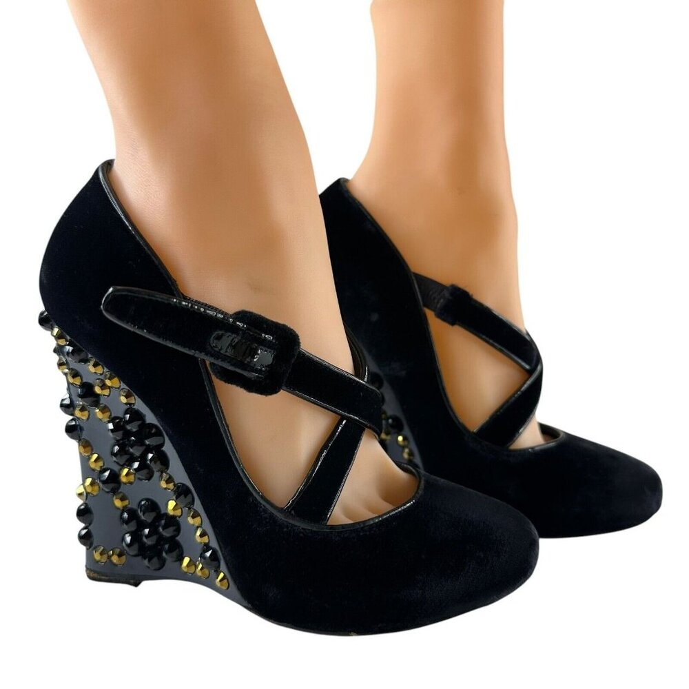 LOUIS VUITTON Wedge Pumps Heel Beaded Velvet Black Size EU 36/US 5.5 Cross Strap - Picture 1 of 17